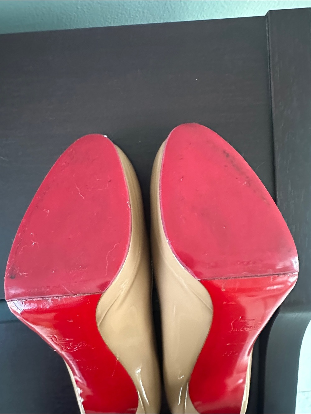 Christian Louboutin Nude Patent Platform Pumps with Red Soles - Picture 10 of 13